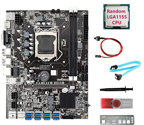 AMIUHOUN B75 8USB BTC Mining Motherboard + zufällige CPU + 64G USB-Treiber + -Kabel + Schalterkabel + Thermofett + Schallwand für ETH