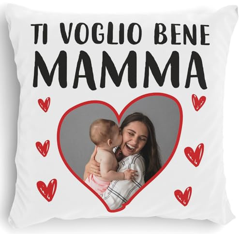 STAMPATEK Cuscino Personalizzato con foto Regalo Festa della Mamma, Cuscino Idea Regalo Mamma Compleanno, regali originali TI VOGLIO BENE MAMMA - CON IMBOTTITURA INCLUSA 40x40 cm