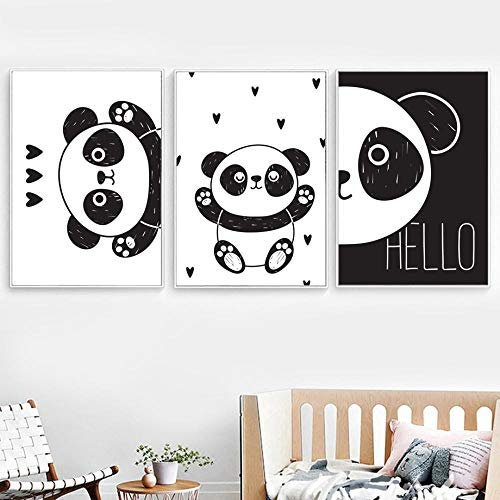 AdoDecor Bilder 3er Set, Wandbilder Wohnzimmer, Leinwand Bilder, Schwarz-weißer Cartoon-Panda Bilder Schlafzimmer, Tier-Baby-Kinderzimmer-Dekor Leinwandbilder Zimmer Deko Aesthetic(Ungerahmt)