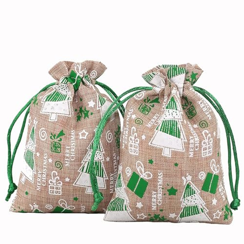 HERZONE 24 st jul jutesäckar jutepåsar med julmotiv presentpåsar jutepåse presentförpackning tygpåse juldekoration (10 x 14 cm)