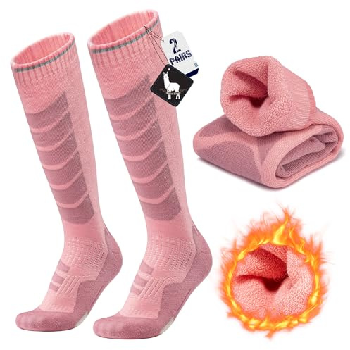 ineepor 2 Pares Alpaca Calcetines Esquí para Hombres, Mujeres Y Jóvenes, Calcetines Altos de Compresión para SNOWBOARD, Calcetines térmicos hasta la rodilla de invierno para Clima Frío Tallas 35-51