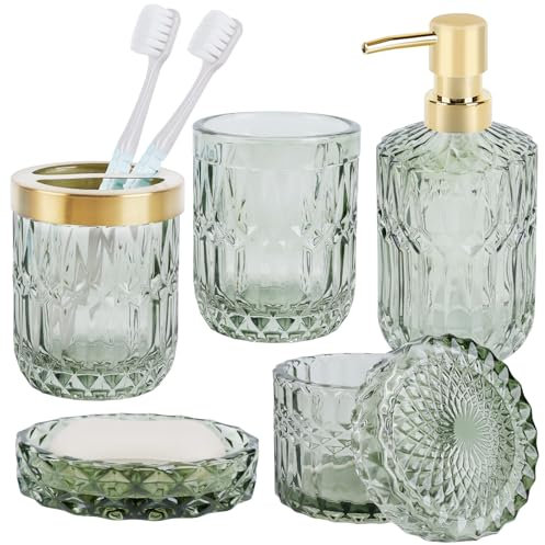 NZZVNZ Set di 5 Accessori da Bagno in Vetro, Accessori da Bagno con Dispenser per Lozioni, Portasapone, Portaspazzolino, Tazza di Vetro, Barattolo di Cotton Fioc, Decorazione Moderna per Il Bagno