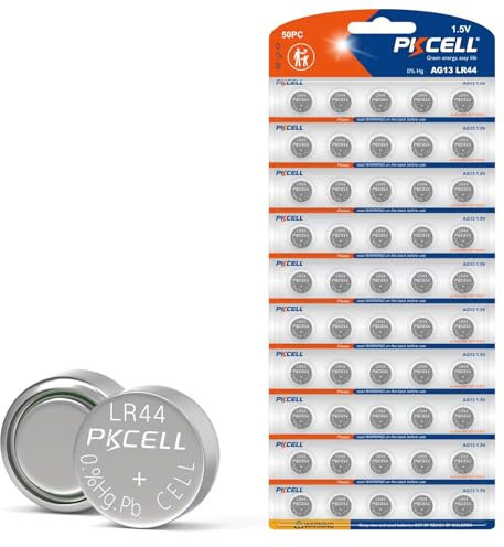 LR44 AG13 Knopfzellen, Alkaline, 1,5 V, 158 mAh, für Spielzeug, Musikbücher, Thermometer, Nachtlicht, 50 Stück PKCELL