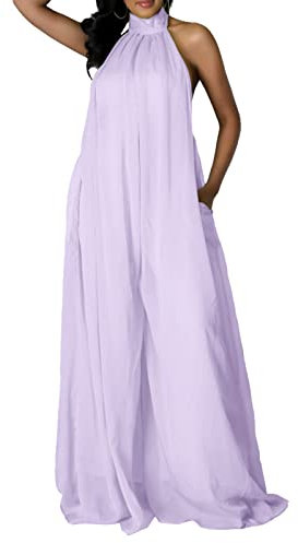 Damen-Overall, Overall, Overall, Strampler, Playsuit, sexy, Sommer, Ausschnitt, ärmellos, Chiffon, weites Bein, lange Hose, Jumpsuit, Strampler, Hochzeitsoutfit, violett, S