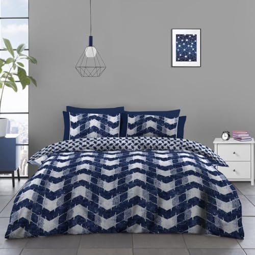 Reversible Double Bedding Set - 4 Piece Geometric Duvet Cover Sets With Fitted Sheet and Pillowcases - Soft Poly Cotton Bed Linen - Breathable Quilt Cover