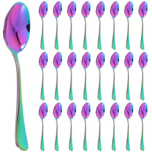 FUNSUEI 25 Stück Teelöffel Regenbogen 13,5 cm, Edelstahl Kaffeelöffel Regenbogenfarben Dessertlöffel Bunt für Tee, Kaffee, Dessert