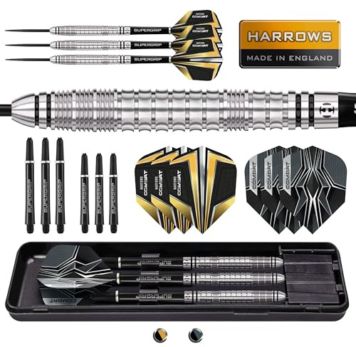 Harrows Combat Dartpfeil-Set mit 90% Wolframstahlspitze, 21 g bis 30 g, alle Gewichte erhältlich, riesiges 17-teiliges Paket mit Ersatzschäften, Prime Flights und Reiseetui