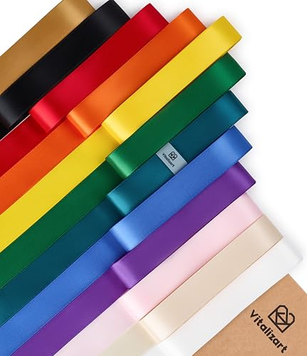 Vitalizart Cinta de Raso 12 Colores Oscuros 2,5cm*32,9m para Envolver Regalos, Cinta de Regalo de Poliéster de Doble Cara, Cintas de Tela para Manualidades, Ramos, Decoraciones & Coronas de Navidad