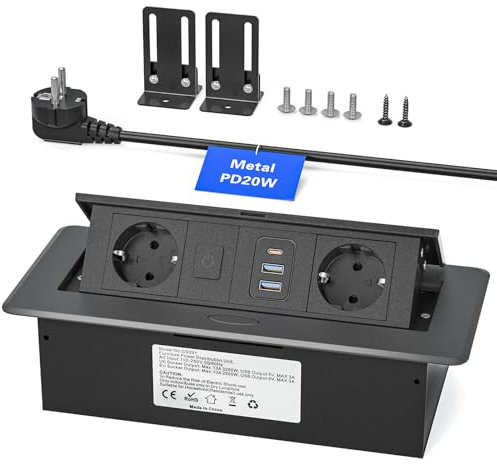 Sewingvr Presa da tavolo a scomparsa con interruttore, ciabatta da incasso in alluminio con USB-C PD 20W e 2 USB-A, ideale per cucina e ufficio, 2500W/10A, cavo 1,8 m, colore nero