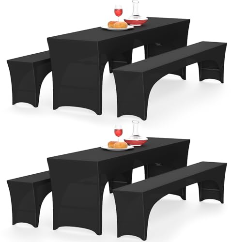 Alishomtll Zwei 3er-Set Elastisch Biertischhussen, Stretch Bierzeltgarnitur für 50cm Tischbreite, Bierbankhussen Bankgarnitur für Biertisch und Bierbank Bankett Gartenmöbel-Bezüge, 220x50cm Schwarz