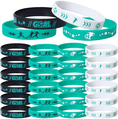 GORGECRAFT 24Pcs 4 Styles Super Football Silicone Bracelets Soccer Wristbands Sports Motivational Rubber Inspirational Wristband for Women Men Themed Birthday Party Favor Decorations Award Gifts
