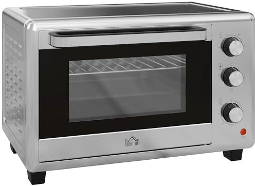 HOMCOM Mini Backofen, 30L Pizza-Ofen, Miniofen inkl. Backblech und Grillrost, 1600W Tischbackofen mit Krümmelblech, 60-230℃ Toastofen mit 60 min Timer, Edelstahl