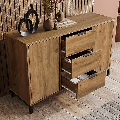 Commode Industrielle avec 2 Portes et 3 tiroirs Buffet étagère réglable Buffet pour Salon Chambre à Coucher Cuisine Salle à Manger Buffet Buffet