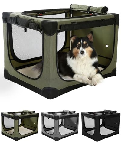 Veraste 24 Inch Collapsible Travel Dog Crate for Medium Large Dogs, Portable Dog Crate 4-Door Foldable Soft Kennel with Durable Mesh Windows for Indoor & Outdoor Travel, with Storage Bag,Green