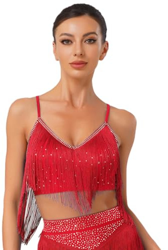 inlzdz Damen Latein Tanz Oberteil Ärmellos Tanztop Tank Top mit Quasten Fransen V-Ausschnitt Bauchtanz BH Wettbewerbe Auftritt Tanz Kostüm