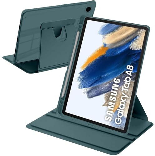 A-BEAUTY Custodia Rotante Compatibile con Samsung Galaxy Tab A8 10.5 Pollici (SM-X200/X205/X207), Antiurto Trasparente Cover, Auto Svegliati/Sonno, Verde Scuro