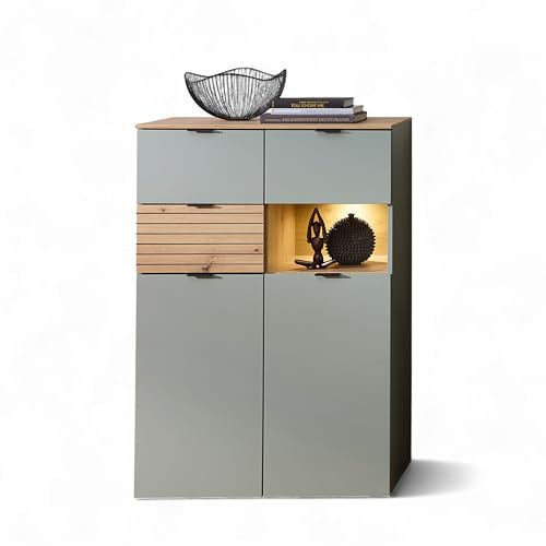 Stella Trading INA Highboard in Schilfgrün, Artisan Eiche Optik FSC-Zertifiziert - Moderner Wohnzimmerschrank mit Schubladen und LED-Beleuchtung - 84 x 125 x 45 cm (B/H/T)