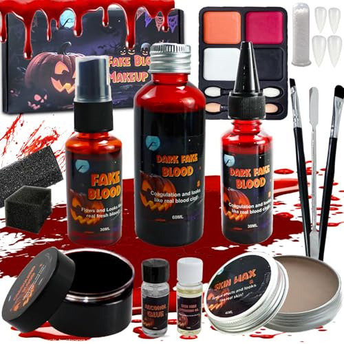 Kunstblut Halloween 16 Set,Halloween Schminke Kunstblut Erwachsene Kinder-60ml+30ml Fake Blood+30ml Blut Spray+30g Blutcreme+40g Narbenwachs für Make up Simulierte Wunden,Zombies,Vampire,Körperfarbe