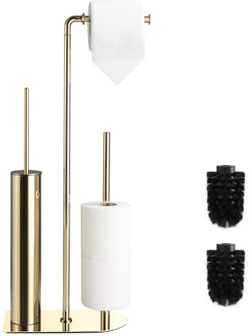 Toilettenpapierhalter mit WC Bürste und Aufbewahrung, freistehender klopapierhalter für Badezimmer und Gästetoiletten, schwarzer Wc garnitur aus Edelstahl rostfrei und ohne Bohren (Gold)