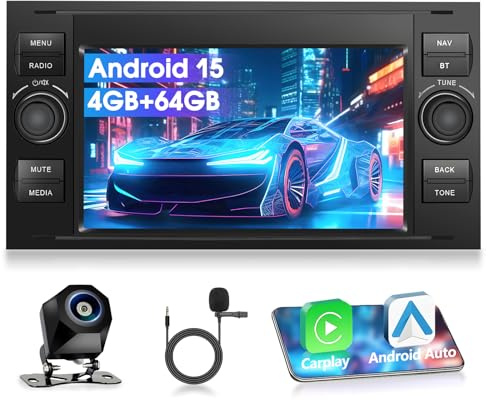 Motorsi 4+64G Autoradio per Transit Fiesta Focus Galaxy Mondeo Fusion Kuga C-Max S-Max Connect, Android 15 Stereo Radio Singolo DIN 7'' Bluetooth Carplay Android Auto Radio EQ GPS WiFi Supporto DAB