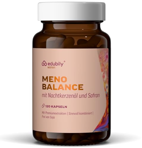 edubily® Meno Balance Kapseln – Pflanzlicher Komplex mit Nachtkerzenöl, Safran-, Hopfen-, Rotklee- & Ginseng-Extrakt für Frauen rund um die Menopause - Standardisiert - Ohne Soja - Vegan (120 Kapseln)