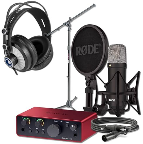 Rode NT1 Signature Series Condenser Microphone with Scarlett Solo 4th Gen USB Audio Interface, On-Stage MS7701B Boom Microphone Stand and Cans50 Monitoring Headphones