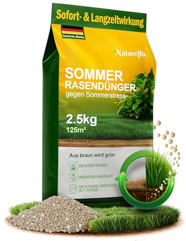 Natureflix Rasendünger Sommer | Langzeitdünger & Stickstoffdünger für jeden Rasen – der Premium Düngemittel (Körnung 2-4mm) Sommer rasendünger für jeden Streuwagen (2,5kg für 125m²)