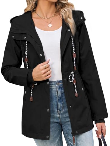 Yuson Girl Giacca da Donna Primaverile Parka Giubbotto Lungo Cotone Elegante Cappotto con Cappuccio e Coulisse Antivento Leggere Giacche Jacket con Cerniera Tasche Outdoor | Parka Leggera con Coulisse in Vita, Cerniera, Tasche con Zip e Polsini a Costine, Casual Outdoor