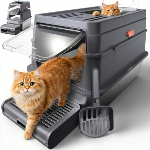Powools Cat Litter Tray with Lid, 60 x 40 x 38 cm, Grey