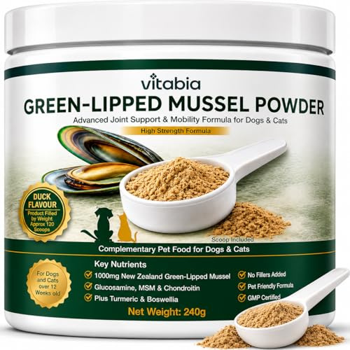 VITABIA High Strength Green Lipped Mussel Powder for Dogs & Cats 240g | 1000mg New Zealand Green Lipped Mussel with MSM, Glucosamine & Chondroitin | Joint Support & Mobility Food Topper