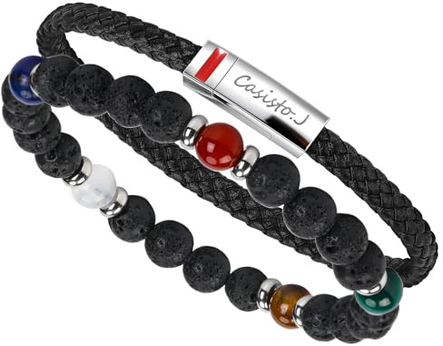 Casisto.J Herrarmband set – 2-pack flätat läderarmband med natursten pärlarmband – kombinerbara stapel armband – present till make vän pappa