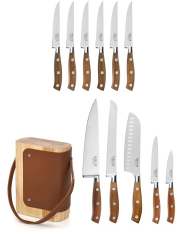 SABATIER TROMPETTE Bloc avec 5 couteaux Ryokan, 22.5x17.5x9 cm, Bois | Bloc avec 5 couteaux de cuisine et 6 couteaux steak, Acier 5Cr15MoV satiné, Manche frêne, 22.5x17.5x9 cm