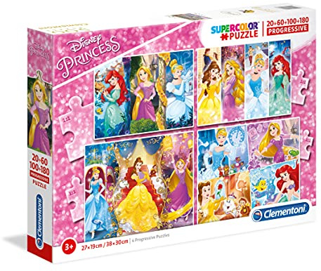 Clementoni 7721 Progressive Puzzle Princess – Puzzle 20 + 60 + 100 + 180 Teile ab 3 Jahren, Bunte Kinderpuzzle mit zunehmendem Schwierigkeitsgrad, Denkspiel für Kinder