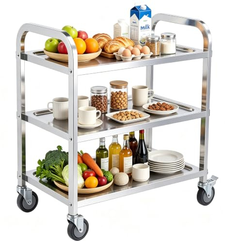 TAIMIKO Chariot de Service INOX 3 Etagères de Rangement avec roulettes 4 Tailles au Choix (85 * 45 * 90cm)