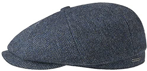 Stetson Hatteras Classic Wool Schiebermütze Herren Flatcap mit Baumwollfutter Fischgrätmuster Ballonmütze Herbst Winter dunkelblau 59 cm