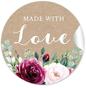 48 STICKER: Made with Love Etiketten für ihr Gastgeschenk • BOHO KRAFTPAPIER OPTIK BLÜTEN ROSEN GRÜN ROT ROSA BRAUN • zum beschriften von Selbstgemachtes, Briefen oder Geschenkverpackungen
