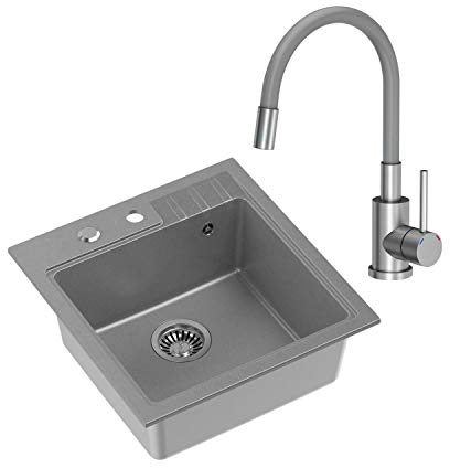VBChome Spüle mit Armatur 52 x 50 cm Grau Inox Tiefes Becken Küche Einbauspüle Verbundspüle Küchenspüle Einzelbecken Einbauspüle Verbundspüle Wasserhahn flexibel Edelstahl Gebürstet Siphon