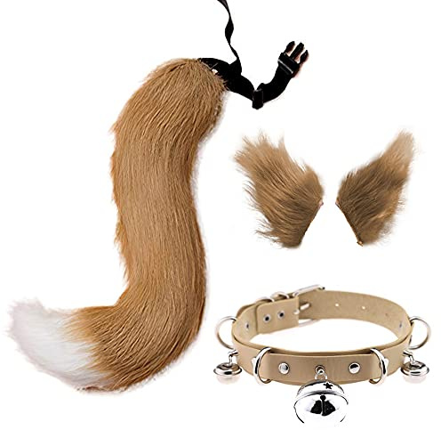 Schwanz und Ohren Set, langer Fuchsschwanz, Cosplay, Kunstpelz, Fuchs, Wolfsschwanz-Kit mit Ohren und Glocken, Kragen für Kinder, Mädchen, Jungen, Teenager, Kinder, Party (65 cm) (braun & weiß)
