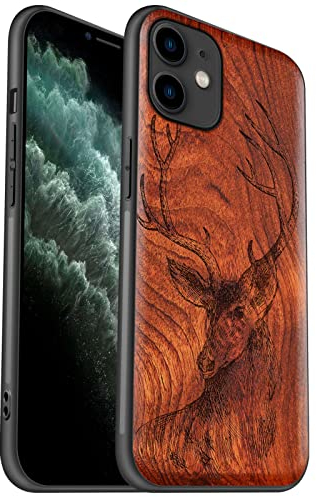 Carveit Coque pour iPhone 11 Protection[Unique Rosé] Artistique Gravure Laser TPU Souple de téléphone Antichoc Compatible avec 11 Coques en Bois (Tête de cerf)