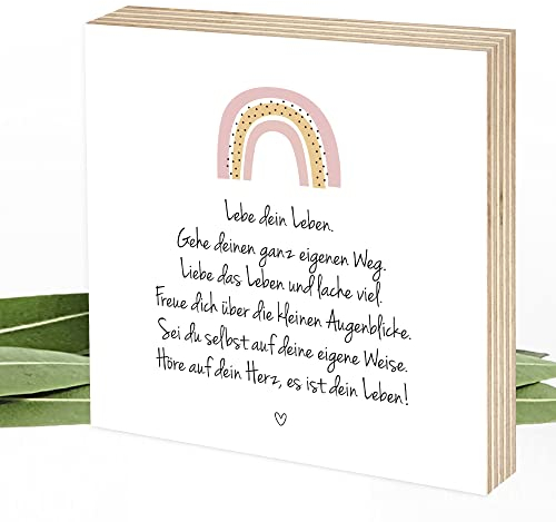 Wunderpixel® Holzbild Lebe dein Leben - mit Regenbogen - 15x15x2cm zum Hinstellen/Aufhängen, echter Fotodruck mit Spruch auf Holz - Wand-Bild Aufsteller Zuhause Dekoration Geschenk-Idee Achtsamkeit