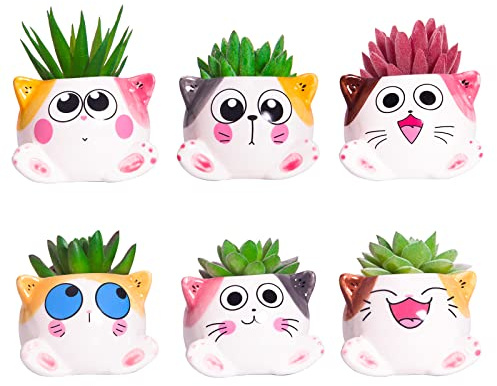 YINUOWEI Simpatici vasi per piante grasse con drenaggio, per piante da interno, 8,6 cm, piccoli vasi per animali, mini vasi per gatti, piccoli vasi da fiori in ceramica per cactus, set di 6