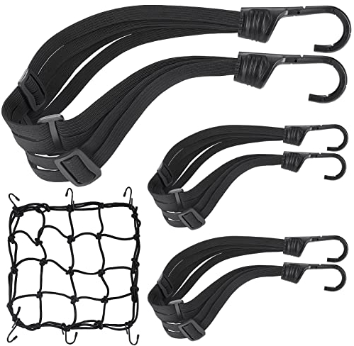 4 Stück Gepäckspanner, Spanngurt Fahrrad Gepäckspanner Gummispanner Expander mit Haken Verstellbar Elastische, Gepäckträger Spanngurt für Motorrad Fahrrad mit 1pcs Netz Helmnetz