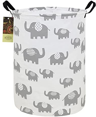 HUNRUNG Wäscherei Hamper,Large Canvas Fabric Lightweight Storage Basket Toy Organizer Dirty Clothes Collapsible Waterproof for College Dorms, Kinderzimmer,Badezimmer (Round grey elephant)