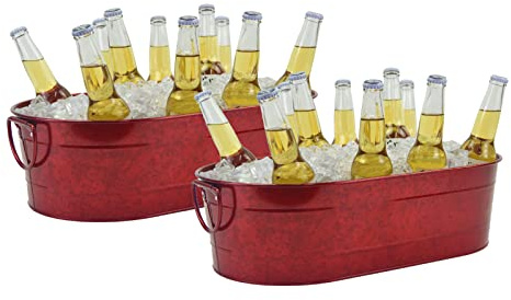 Ice Bucket Galvanized Tub, 2 Pcs 5 Gallon Oval Beverage Tub, Drink Cooler Ice Buckets for Parties, Metal Bucket with Handle for Beer Whiskey Wine and Cocktails (Red)