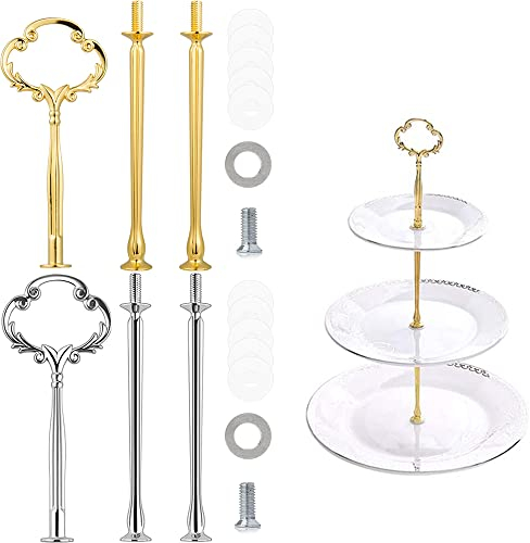Fibclhaz 2 Sets Cake Stand Fittings Golden Silver 3 Tier Cake Plate Stand Handle Wedding Party Buffet Cake Plate Stand Handle for Food Cupcake Dessert Fruit Serving Displaying Birthday