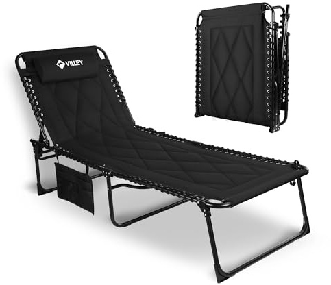VILLEY Oversized Padded Chaise Lounge with Cushion, Foldable Camping Cot, Patio Reclining Lounge Chairs, Folding Sleeping Bed for Outdoor, Indoor, Backyard, Garden, Camping, Relaxing, Beach Tanning