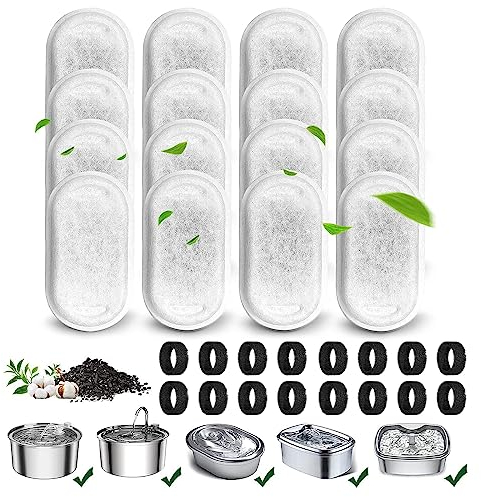 16+16 Stück Filter Katzenbrunnen,Filter Trinkbrunnen Katzen Ersatzfilter für 108oz/3.2L und 67oz/2L Edelstahl Trinkbrunnen für Katzen und Hunde,16 Stück Kohlefilter und 16 Stück Schaumfilter
