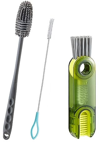 WUJENPEAHT 3 Pcs Silicone & Nylon Bristle Baby Bottle Cleaning Brush Set - Multifunction Bottle Brushes with Long Handle for Glass, Plastic, Stainless Steel & Narrow Neck Containers