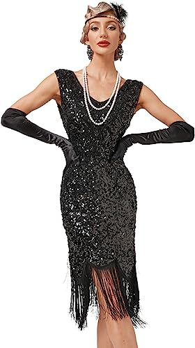 FYMNSI Damen 1920er Jahre V-Ausschnitt Pailletten Fransen Kleid Flapper Charleston Kleider Cocktailkleid Partykleid Gatsby Pailletten Quasten Abendkleid 20er Jahre Kost?m Abschlussballkleid Schwarz S