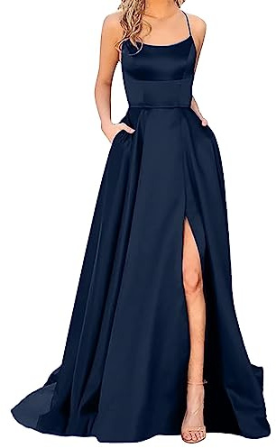 Eleganta långa brudklänningar med fickor, satin, A-linje, rygglös, sexig halterneck, spaghetti, prinsessa, brudtärneklänning